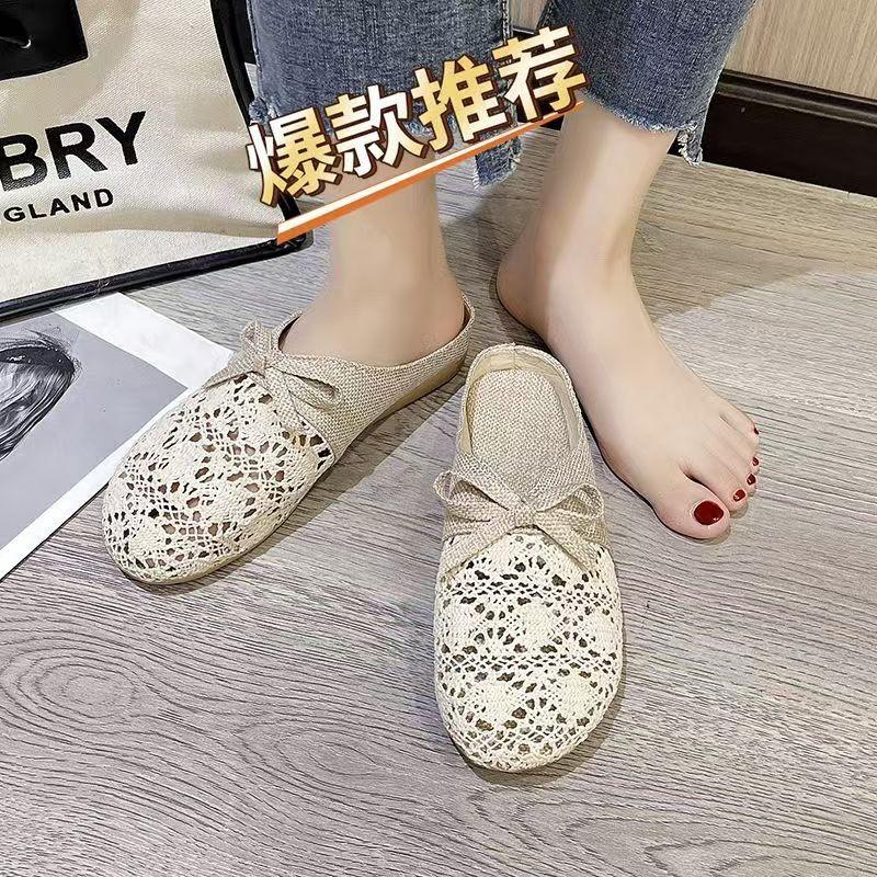 Hausschuhe Damen 2025 neu Sommer vielseitig Oberbekleidung Mesh atmungsaktiv rutschfest Leinen Baumwolle Tasche Kopf halbe Hausschuhe Sandalen Damen