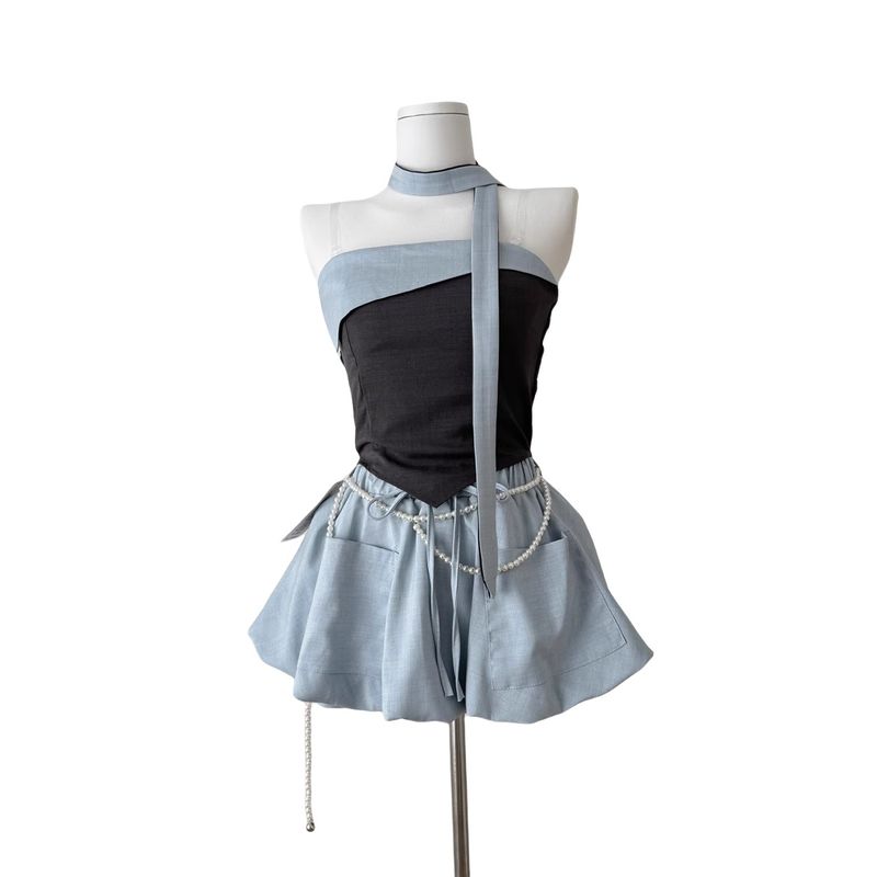 French style High-Grade Irregular Color Matching Hanging Neck Tube Top Vest Women 2025 New Sexy Gyaru Shorts Two-piece Set