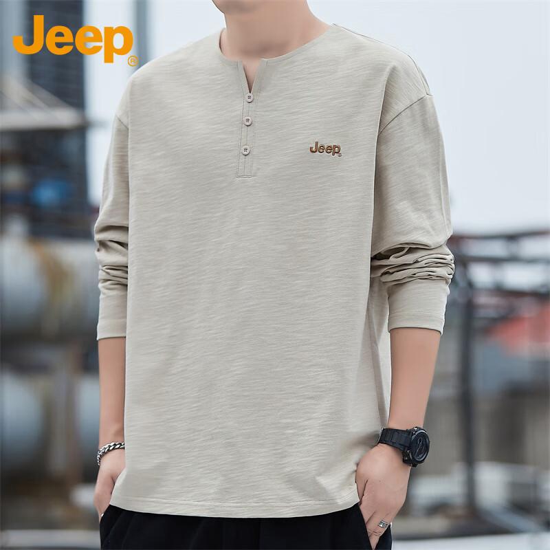 Jeep Men's Long Sleeve T-Shirt Autumn Winter Solid Color Casual Loose Base Shirt Trendy Top Khaki XL