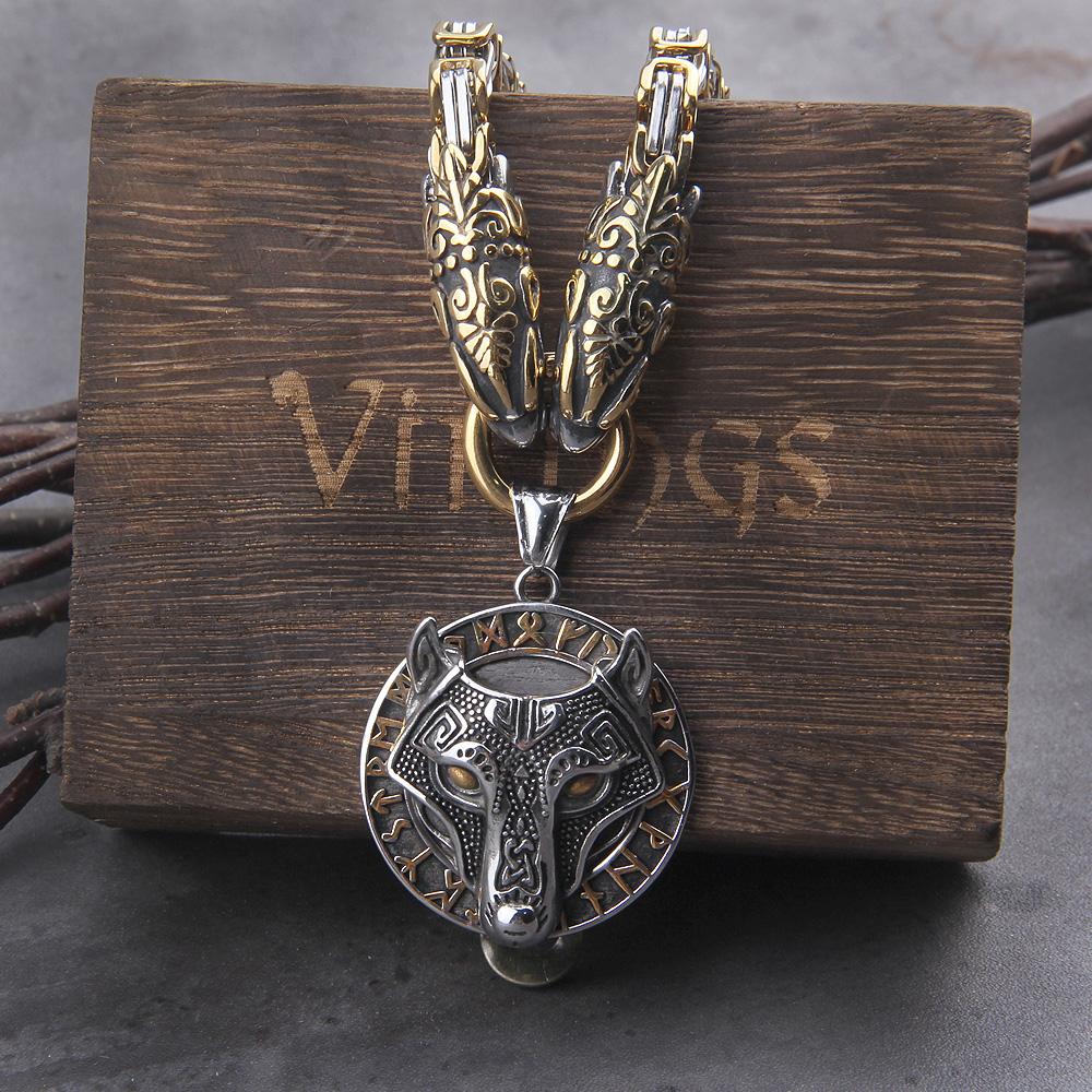 Stainless Steel Wolf Head Thor Hammer Mjolnir Viking Necklace Handmade Chain with Wooden Box Gift for Boyfriend