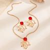 Faux Red Coral Drop Earrings And Necklace Textured Alloy Jewelry with Red Enamel Zircon Accents Unique Ocean-Inspired Design Gift for Women