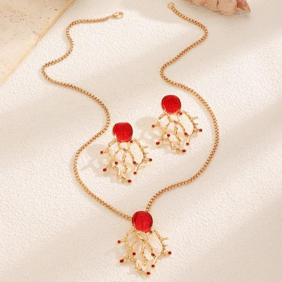 Faux Red Coral Drop Earrings And Necklace Textured Alloy Jewelry with Red Enamel Zircon Accents Unique Ocean-Inspired Design Gift for Women