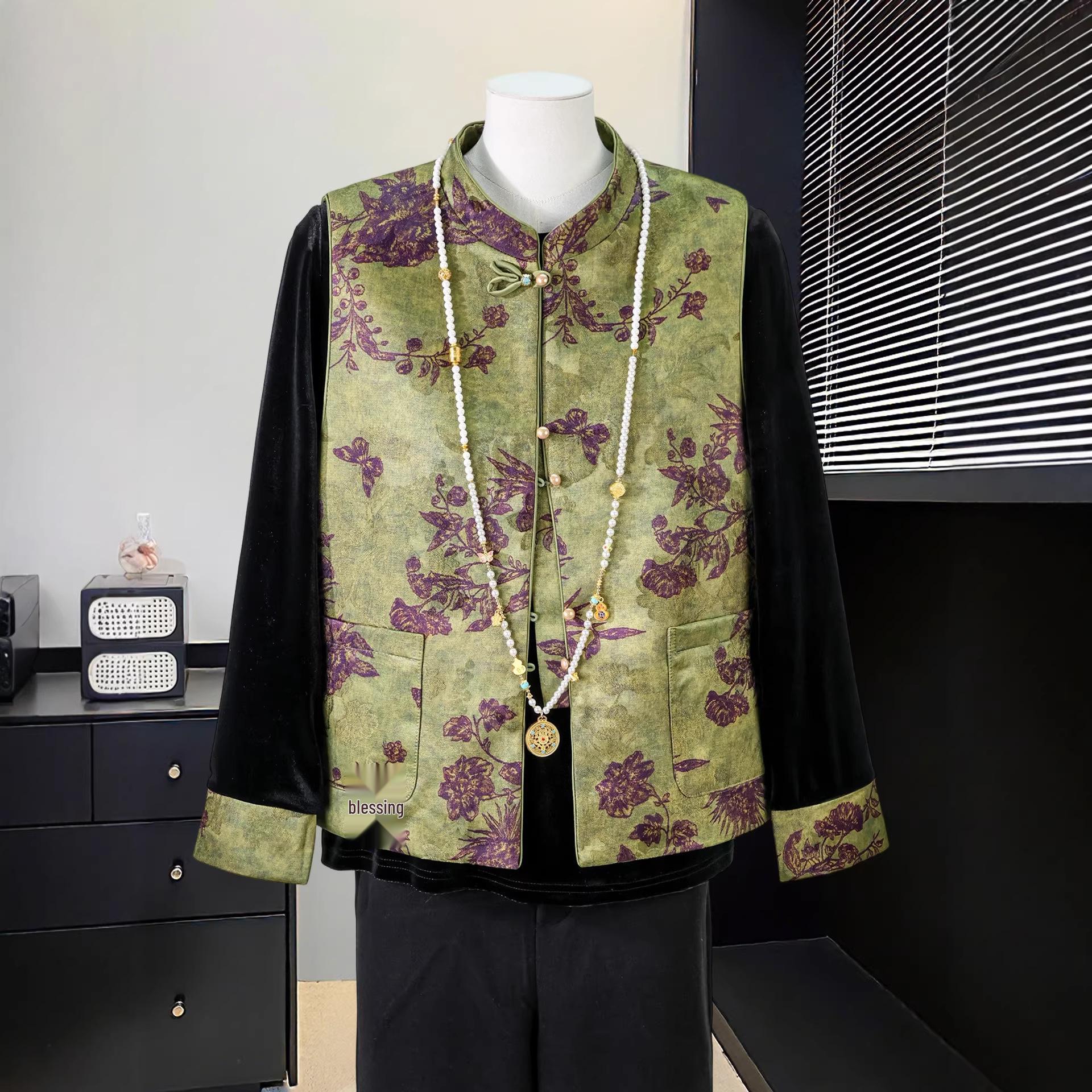 

Mother s Day Golden Velvet Vest Set for Middle-Aged & Elderly Women - Chinese Style Spring & Autumn Top L (fits below 102 lbs)