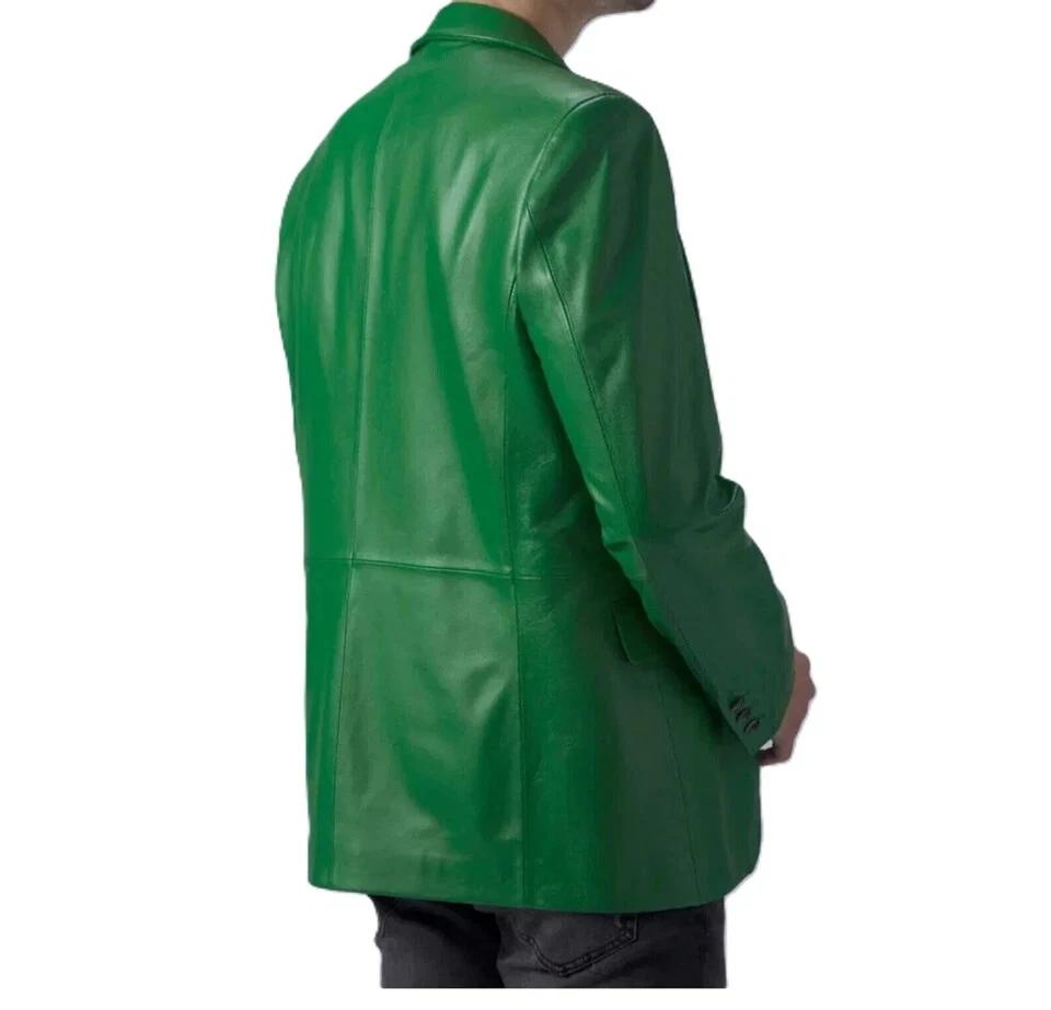 Lambskin Formal Stylish Men Blazer Green Two Button Handmade Genuine Leather