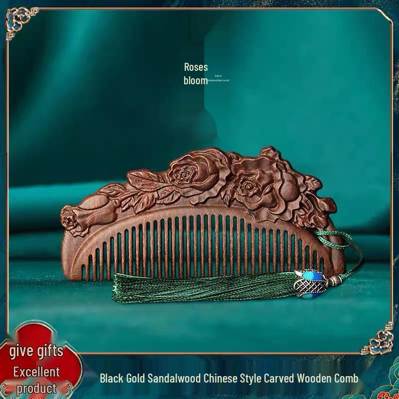 Engraved Green Sandalwood Comb - Black Gold Carved Design, Gift Box Included