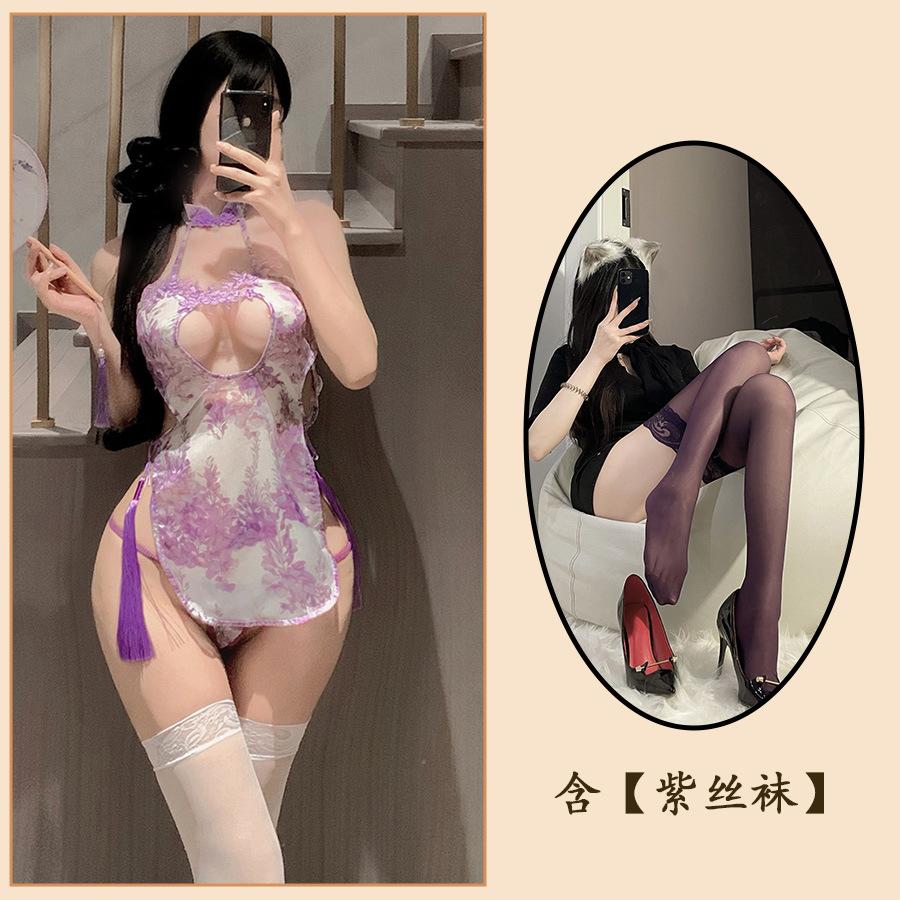 Sex Underwear Purple Charm Sexy Hollow Classical Cheongsam Hip-wrapped Milk Suspender Pajamas Nightdress Set