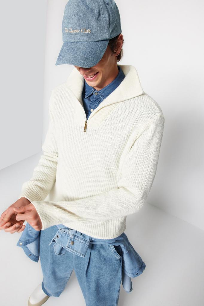 Men's Fashion New Sweater Indigo Regular Fit Zippered Turtleneck Knitwear Sweater