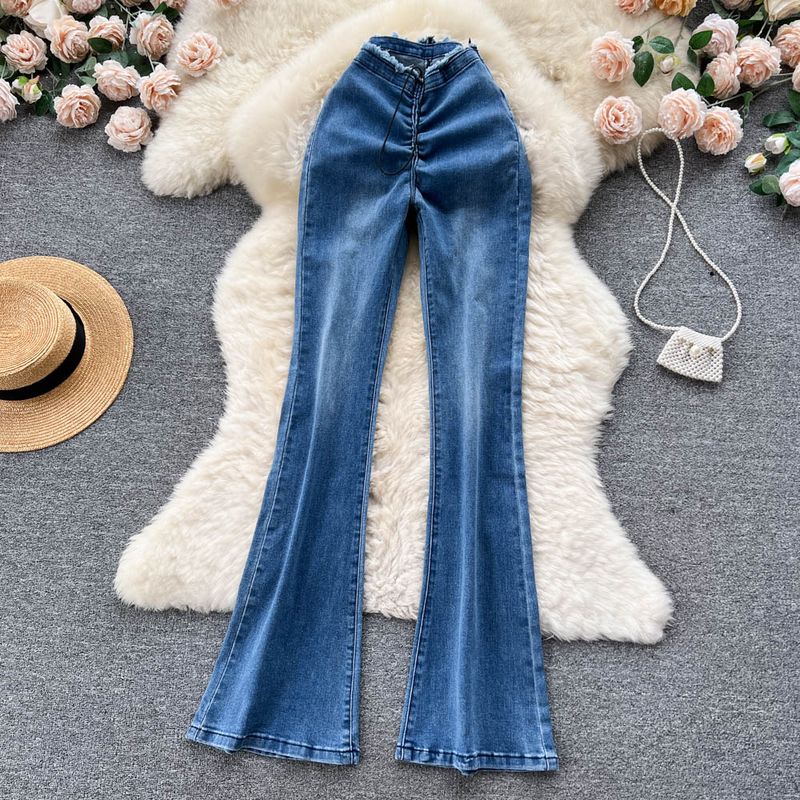 

High Waist Slit Drawstring Sexy Slightly Flared Jeans Blue XL