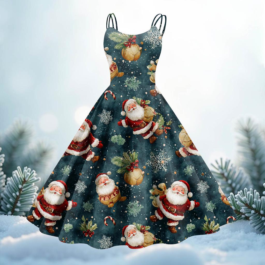 Women's Christmas Print Casual Fashion Round Neck Mid-Length Dress