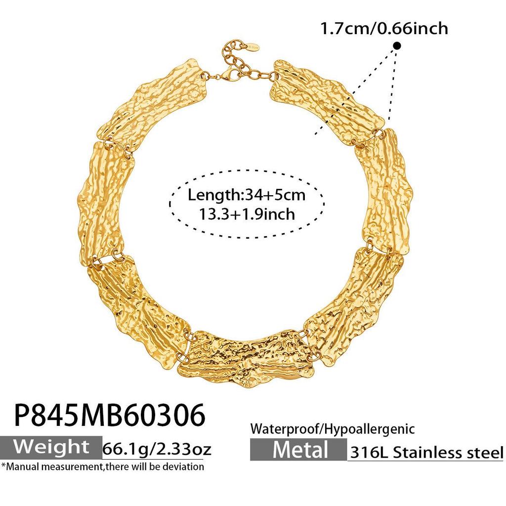 Vintage-Style Wide Textured Handmade Necklace: 18K Gold & Stainless Steel Women's Jewelry