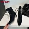 Fashion Pointed Toe Ladies Modern Ankle Boots Female Heels Footwear Flock Fashion Lace Up Elegant Women Short Boots Shoes Pumps lady