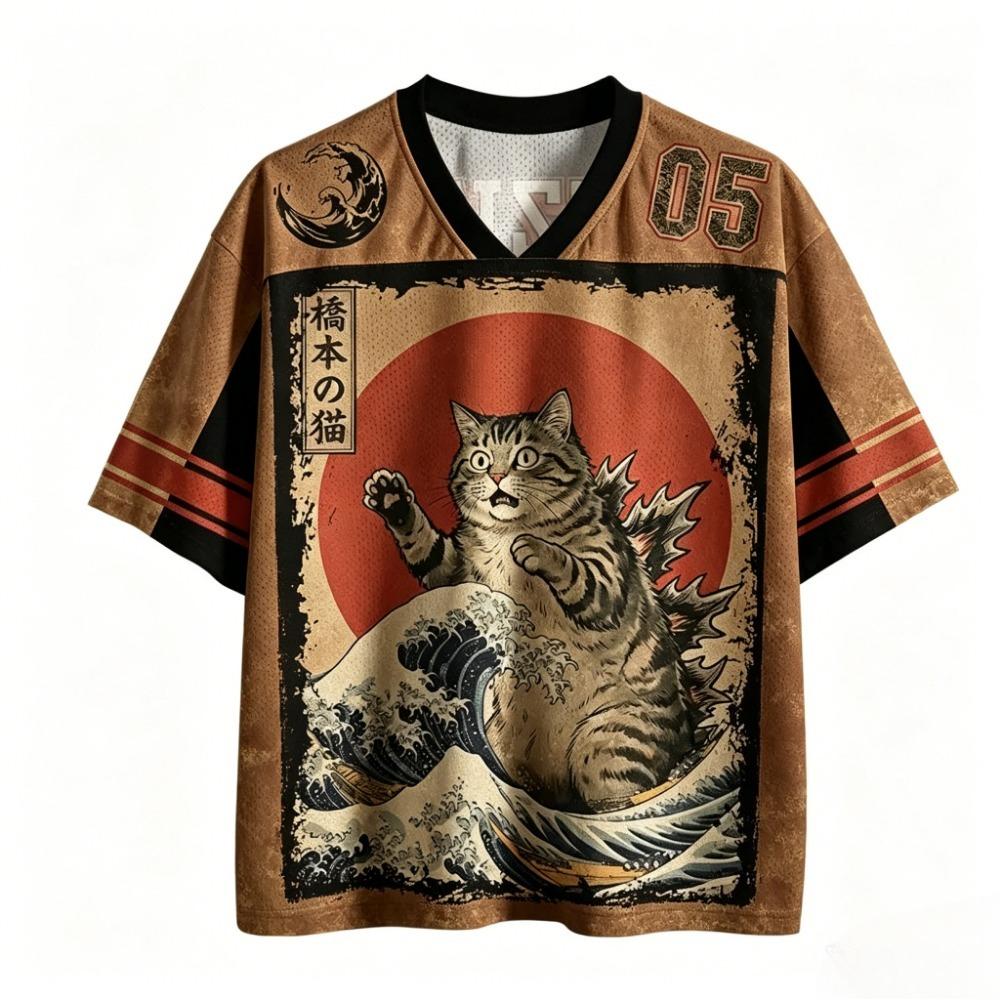 Harajuku Japanese-style ukiyo 3D Print Sport Breatha Quick-dry Men Women V-neck T-shirt Street Fashion Y2K Parent-child Clothing