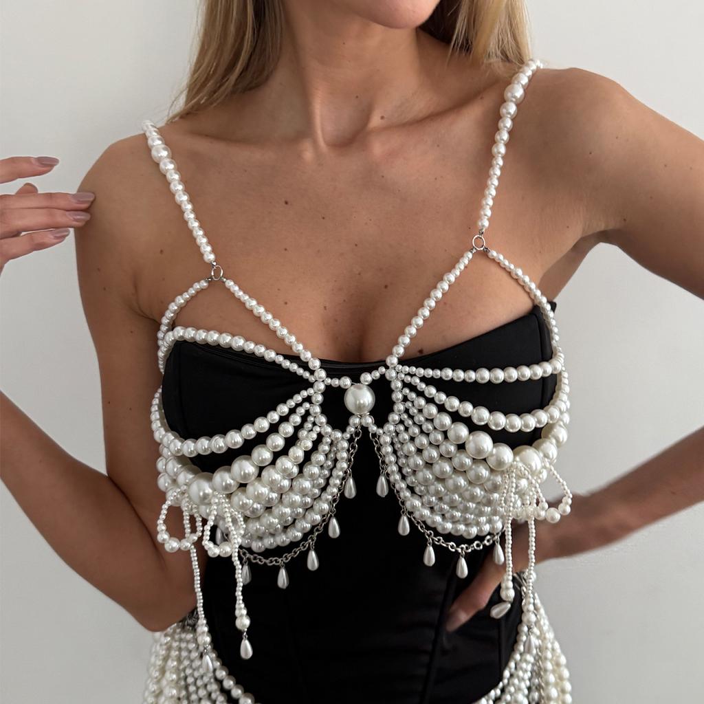 Sexy Heavy Industry Imitation Pearl Bikini Chest Chain Body Chain, Fashion Show Beaded Waist Chain Women