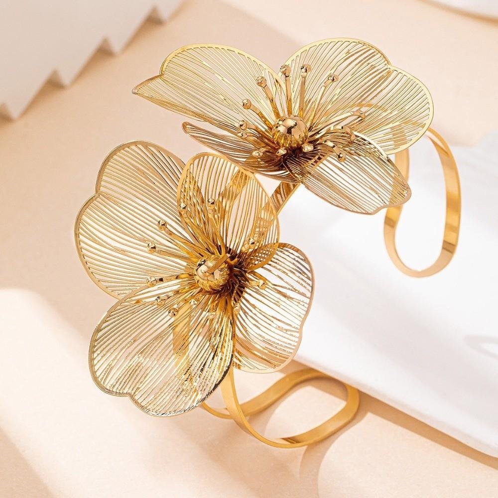 Vintage Metal Brushed Bangle Elegant Open Floral Arm Cuff Bohemian Hollowed Flower Bracelet Women