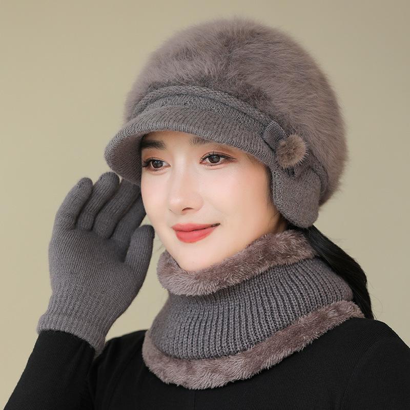 Thick Warm Hat Winter Hat Middle Aged and Elderly Mother Old Lady Knitted Cotton Hat Grandma Rabbit Wool Hat