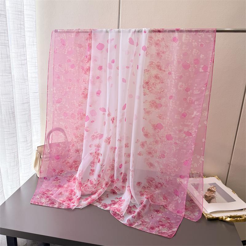 Pink petal qi encryption soft yarn printing spring and summer silk scarf large long scarf travel shawl sun protection women's scarf headscarf