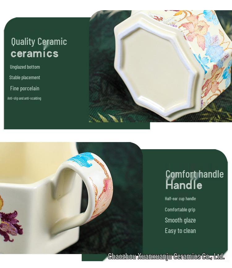 Vintage High-End Coffee Cup & Saucer Set, Octagonal Floral Mug Pair with Coffee Pot Gift Box