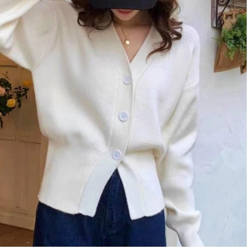 French Soft White V Neck Knit Cardigan Autumn Winter Design Lazy Style Waist Defining Cropped Sweater