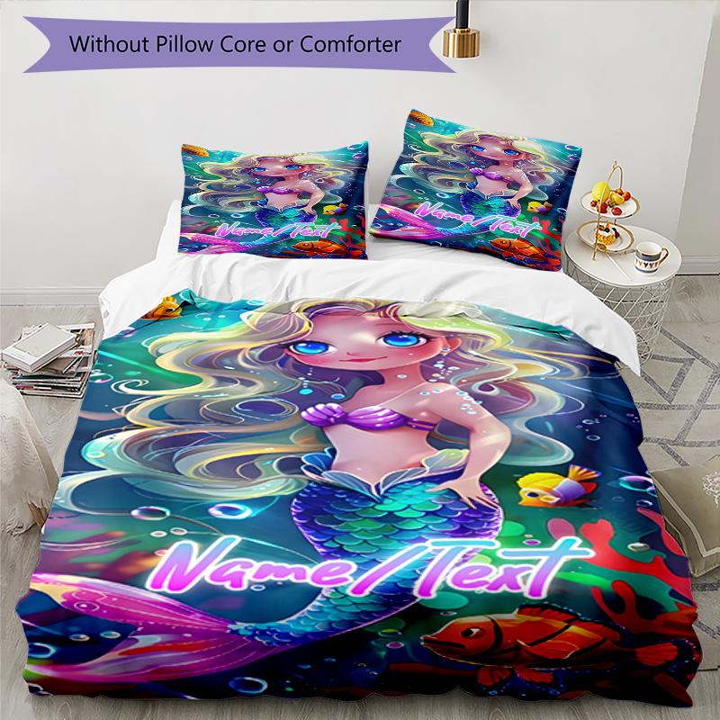 3PC Custom Name Mermaid Fantasy Underwater World Bedding Set Duvet Cover Closure Includes 1 Duvet Cover & 2 Pillowcases for Bedroom