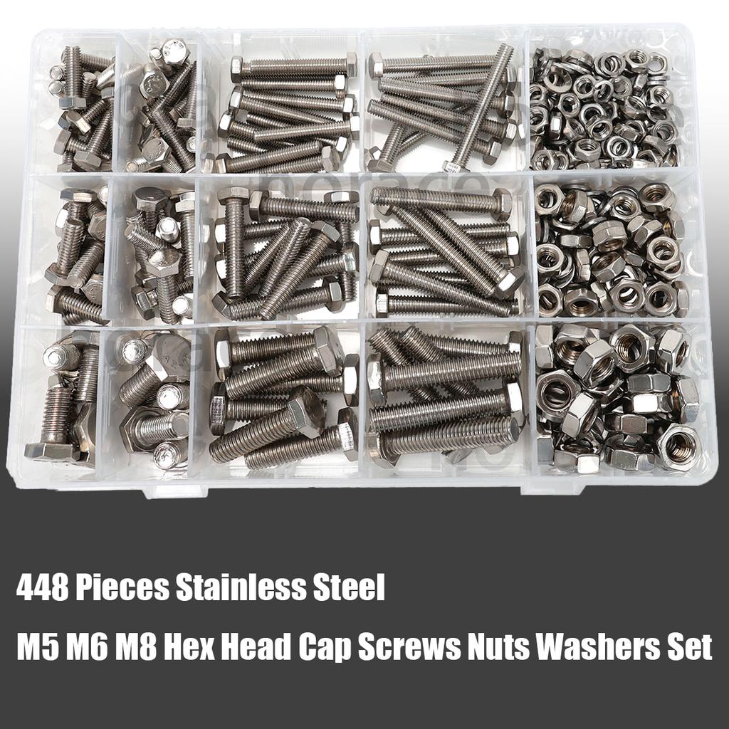 448PCS Stainless Steel Metric Bolt Assemblies, M5 M6 M8, Nut and Bolt Set Flat Washers and Spring Washers, Hex Head Screw Bolt a