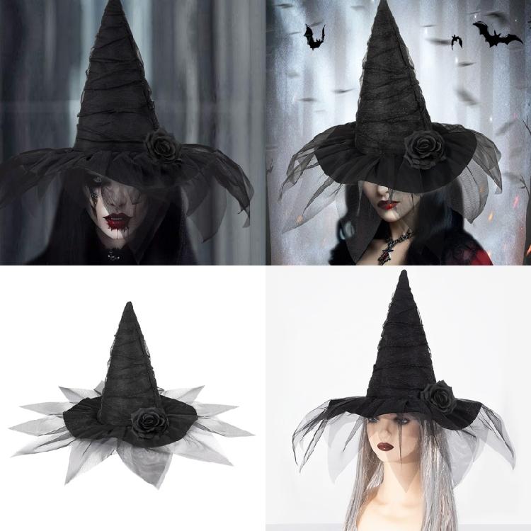 Dark Series Witch Caps Wizard Hat Cosplay Party Headwear Halloween Costume Hat Carnivals Party Pointed Hat with Flower