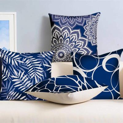 Blue Geometric & Floral Pattern Throw Pillow Cover With Short Plush Print For Living Room Sofa Decoration Cushion Cover