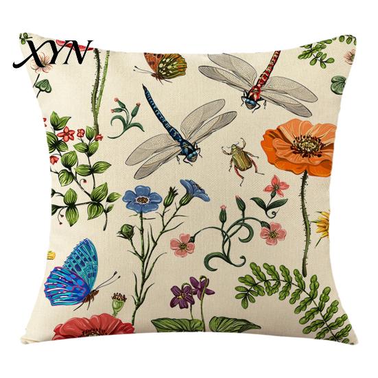 Soft Fabric Cushion Case Floral Cover, 18x18 Inch Decorative Throw Pillow Cover with Hidden Zipper, Elegant Color Plant Insect Flower Patterns,