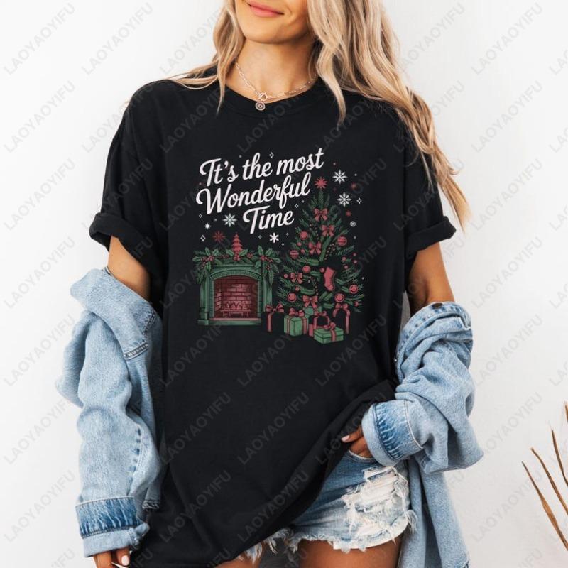 Christmas Time Shirt Its The Most Wonderful Time Graphic Shirt Retro Style Christmas Tees Fashion Holiday Party Woman Tshirt