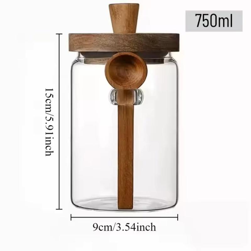 Food Storage Container Glass Jar with Wooden Lid & Scoop Grain Spice Coffee Bean