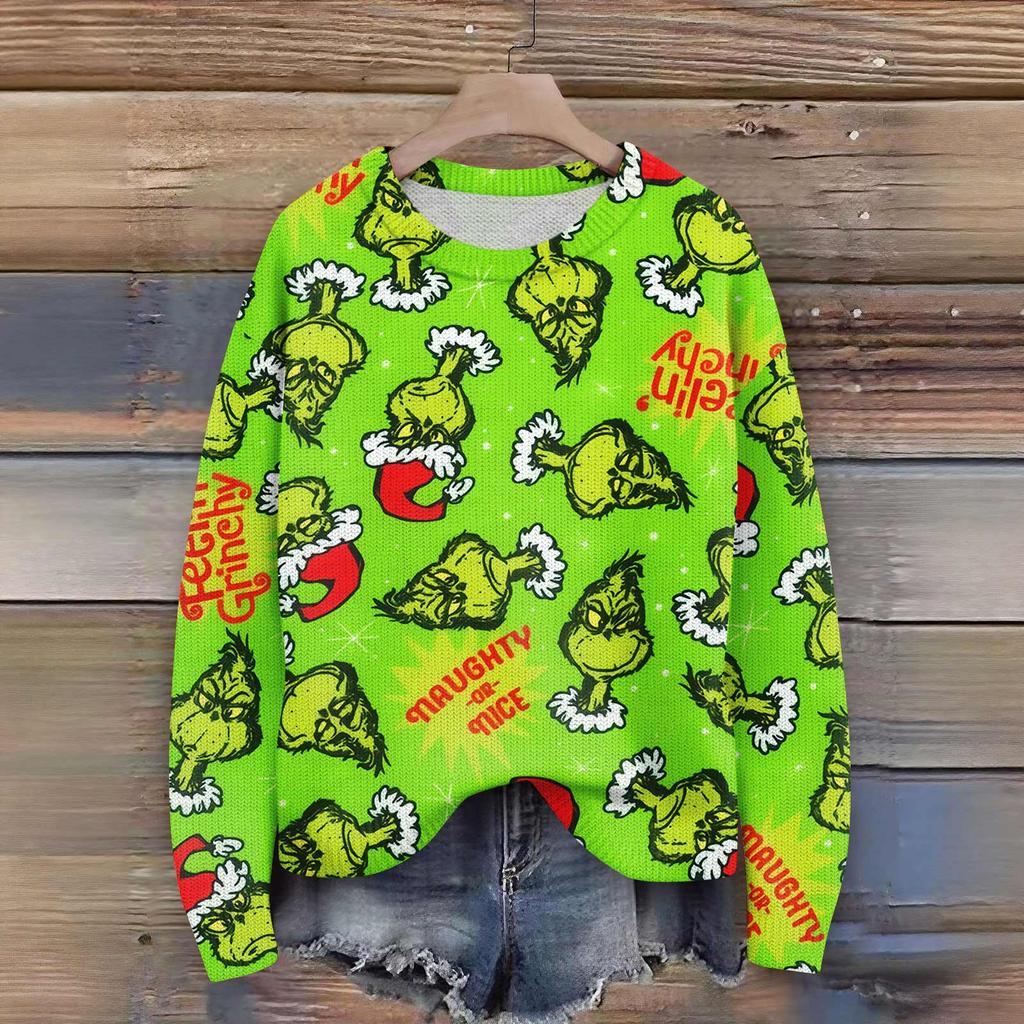 Long Sleeve Pullover Sweaters For Women O Neck Casual Cute Printing Knit Oversized Sweater