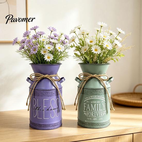 American Pastoral Style Decor Vintage Metal Milk Can Vase, Farmhouse Iron Flower Bucket with Handles & Jute Handmade Hemp Rope Ornament Bow,