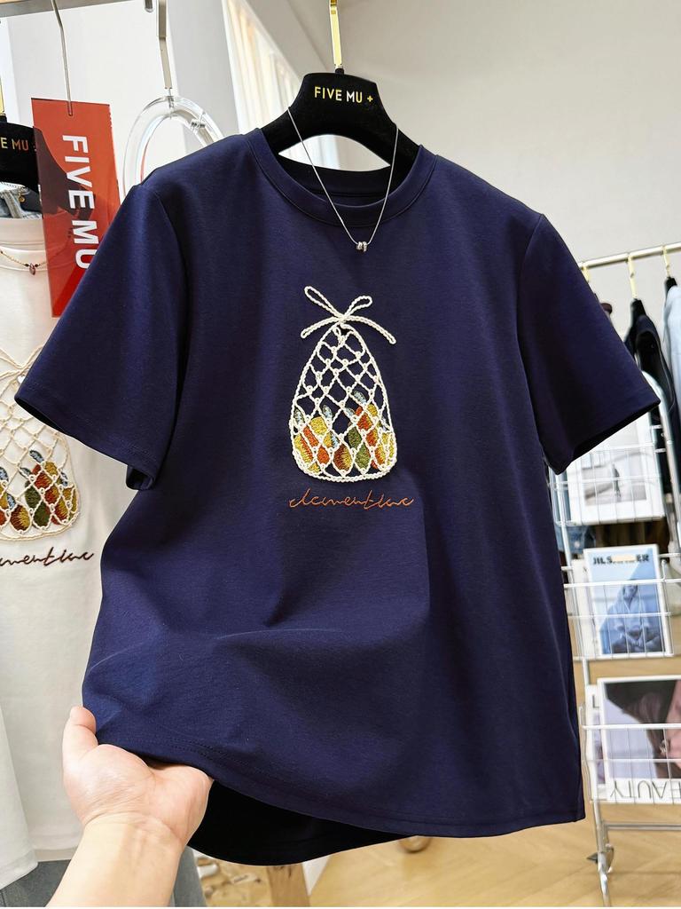 Women's Plus Size Heavy Duty Pineapple Embroidery Short Sleeve Fleece T-shirt for Spring/Summer