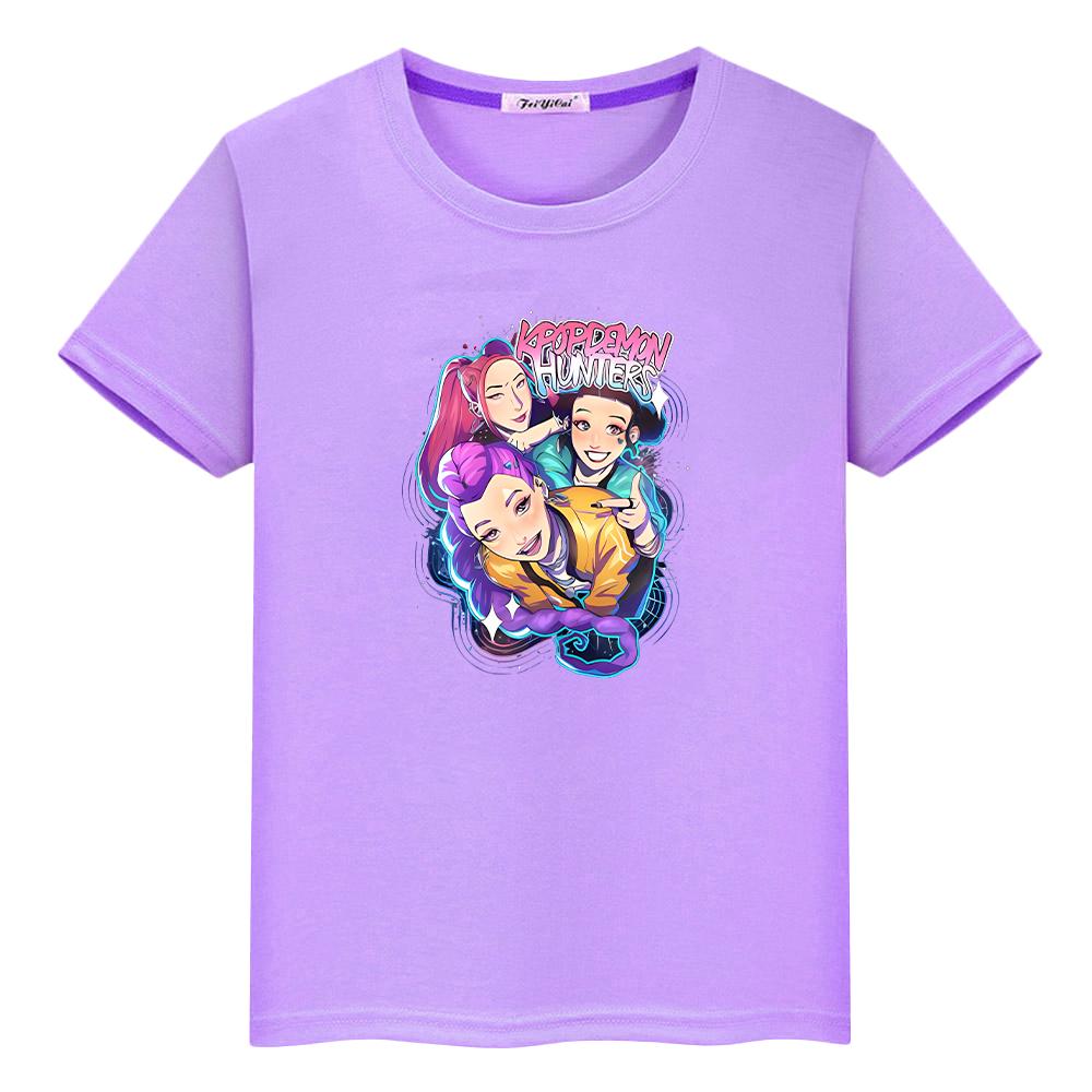 Kpop Demon Hunters Print 100%Cotton T Shirt for Kids Boy 10year Kawaii Tees Anime Tops Round Neck Short Sleeve Y2k Girls Clothes