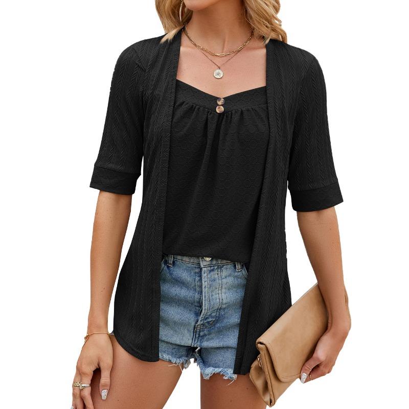 Camiseta Feminina de Verão Cor Sólida Decote Quadrado Costura Botão Manga Média