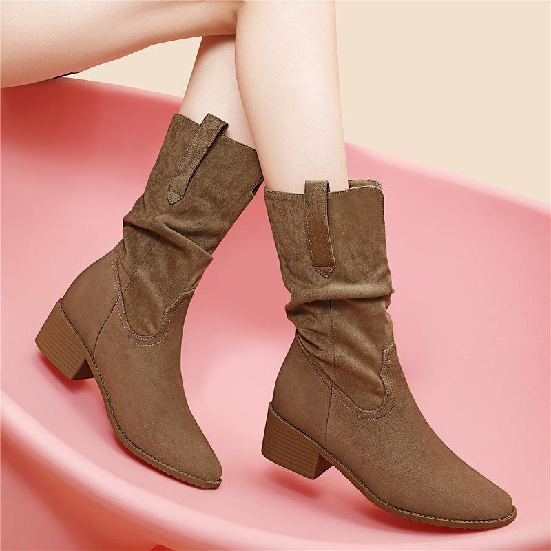 

Autumn and winter new boots women s small height-increasing boots women s thick heel medium leather boots pleated versatile pile boots 35