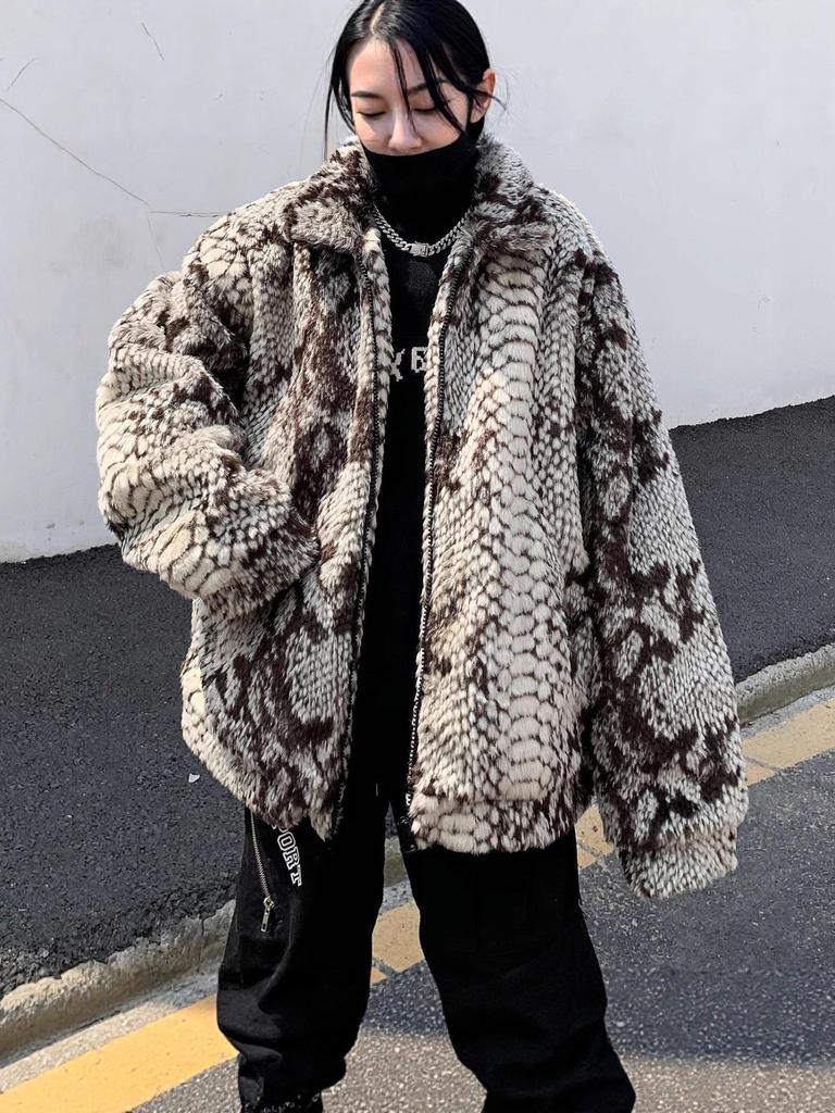 Men's Snake Skin Pattern Faux Fur Padded Jacket - Trendy Casual Outerwear