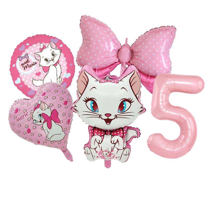 5pcs Marie Cat Bow Balloons Pink Girls Birthday Party Balloons Decoration Cartoon Marie Cat Animal Pet Balloon Baby Shower Decor