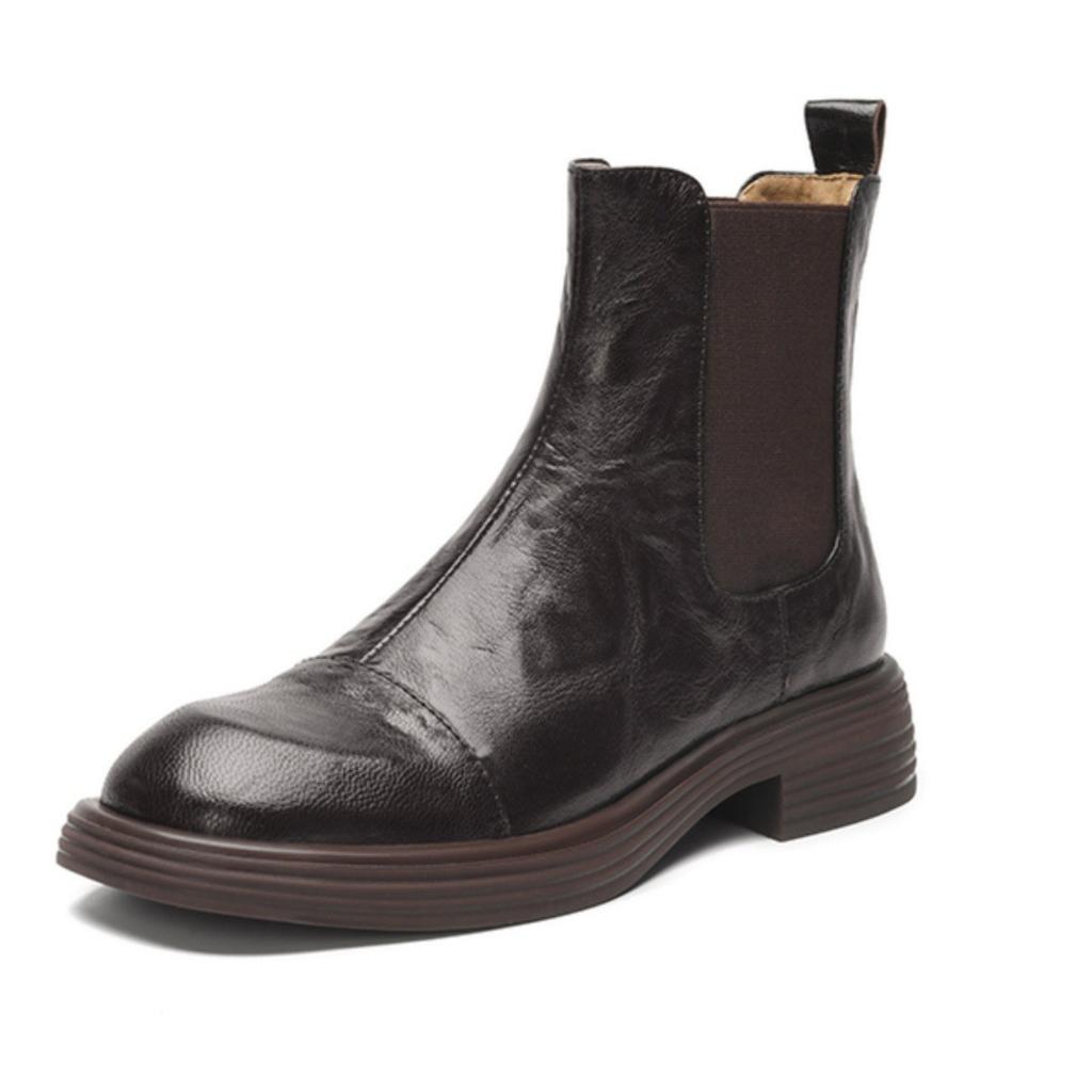 British Style Retro Sheepskin Short Boots Women's Autumn and Winter New Versatile Soft Leather Thick Middle Heel Chelsea Boots Martin Boots Black