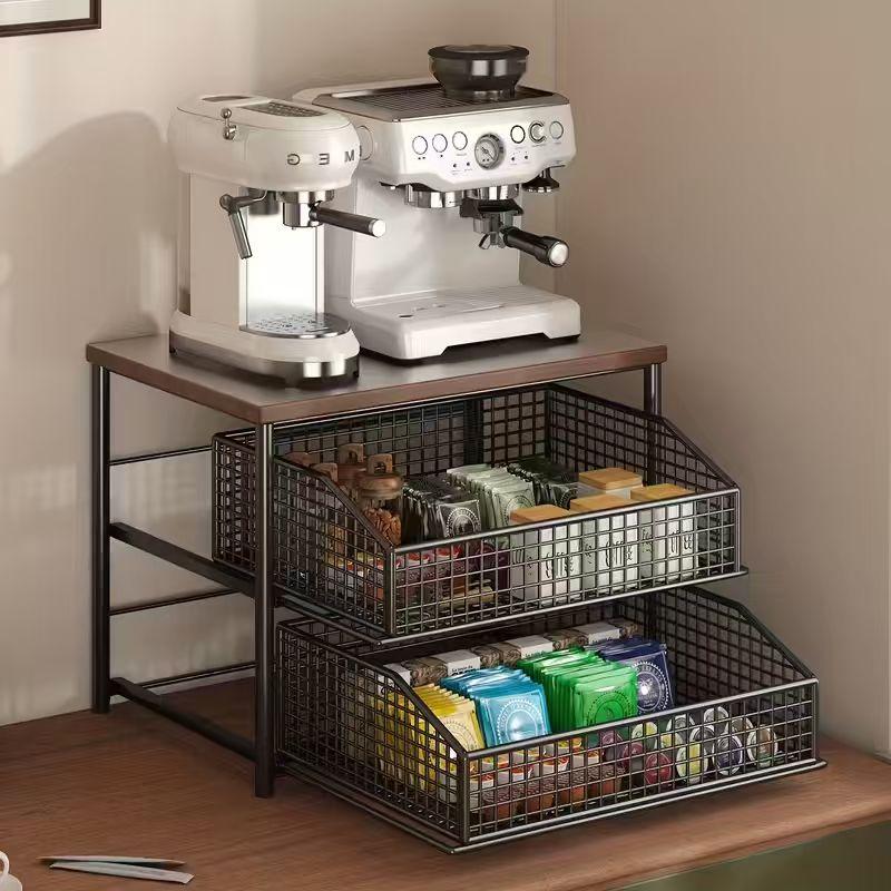 1pc Space-Saving Kitchen Countertop Organizer with Drawer and Metal Basket - Sturdy Solid Wood and Metal Multi-Layer Storage