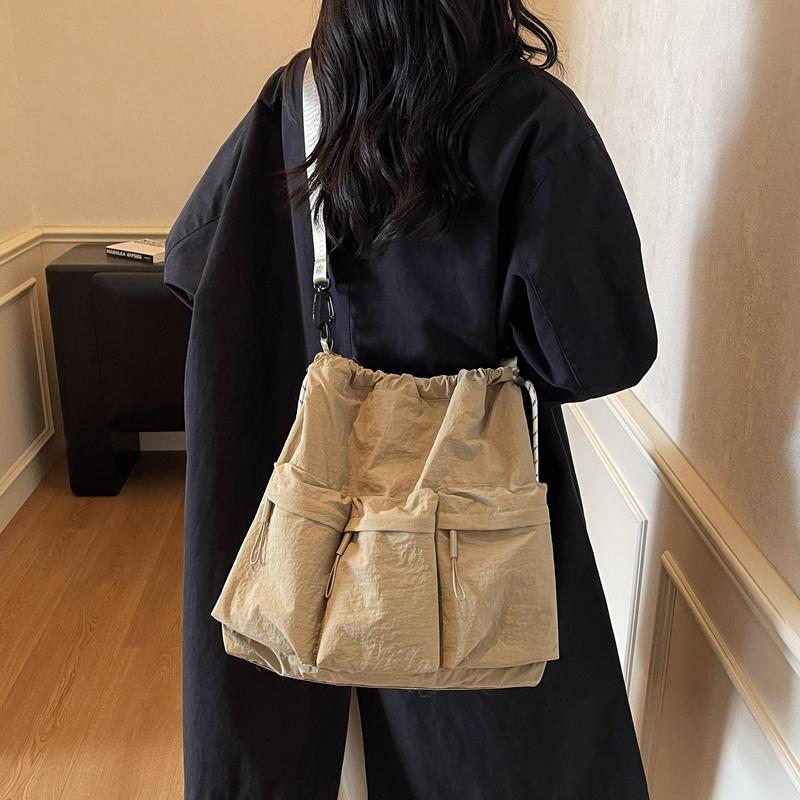 Large Capacity Drawstring Bag Women's Tote Bag Solid Color Shoulder Bag