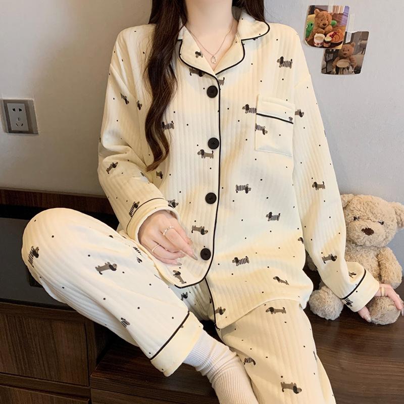 Air cotton pajamas women's autumn and winter long sleeves thickened interlayer warm stars cat student loungewear real shot