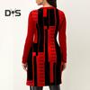 Women Autumn Winter Geometric Print Blouse O Neck Long Sleeve Side Split Hem Mid Length Pullover Tunic Tops Streetwear