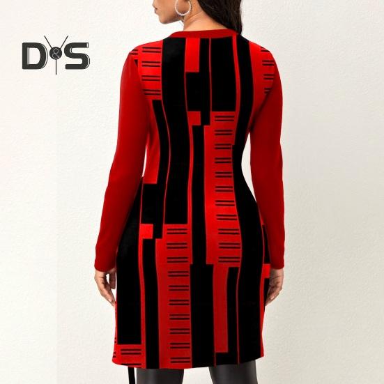 Women Autumn Winter Geometric Print Blouse O Neck Long Sleeve Side Split Hem Mid Length Pullover Tunic Tops Streetwear