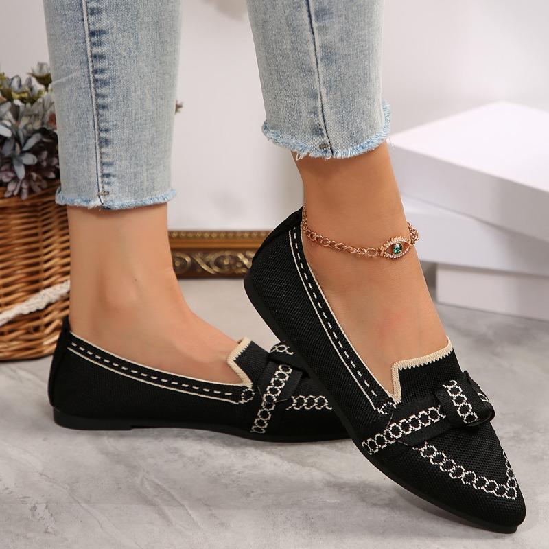 Spot Foreign Trade Thin Pointed Large Size Flat Single Shoes Fly Weaving One Pedal Bow Casual Breathable Women's Shoes