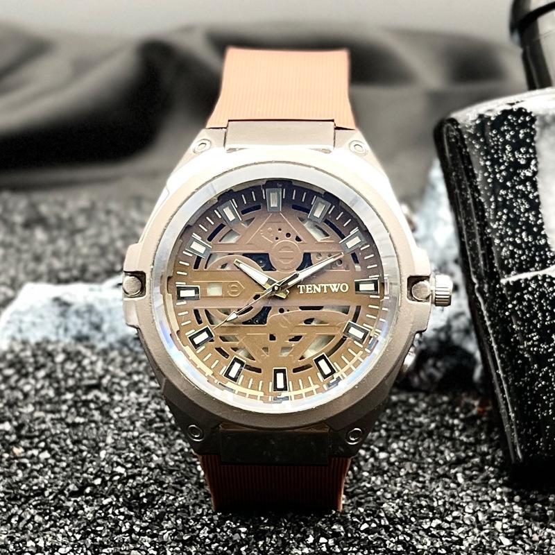 JYL Men s Watch Outdoor Hollow Round Silicone Strap Brown цвет морской волны