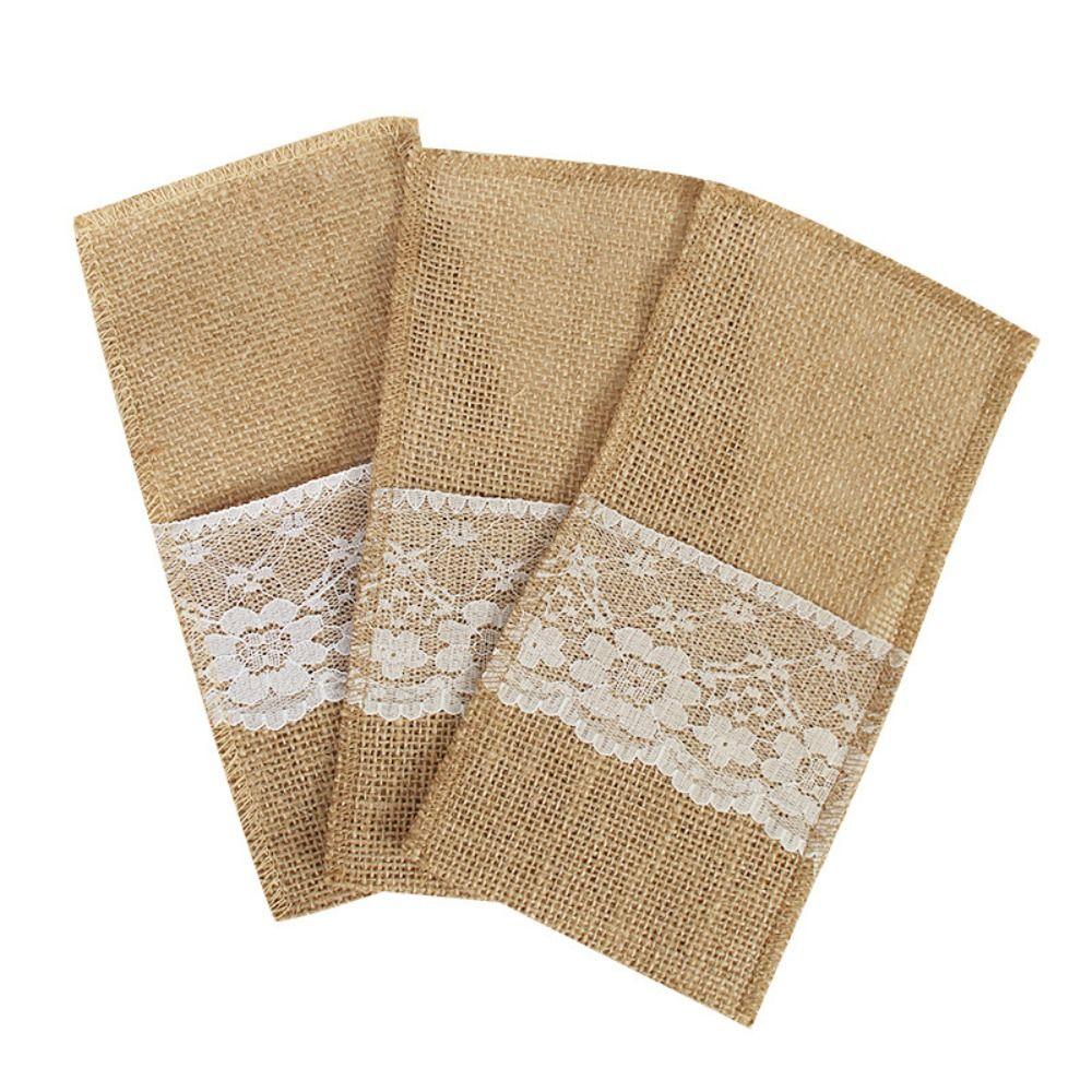 Lace Trim Tableware Storage Bag Linen Fabric Table Decoration Accessories  For Table Decorations