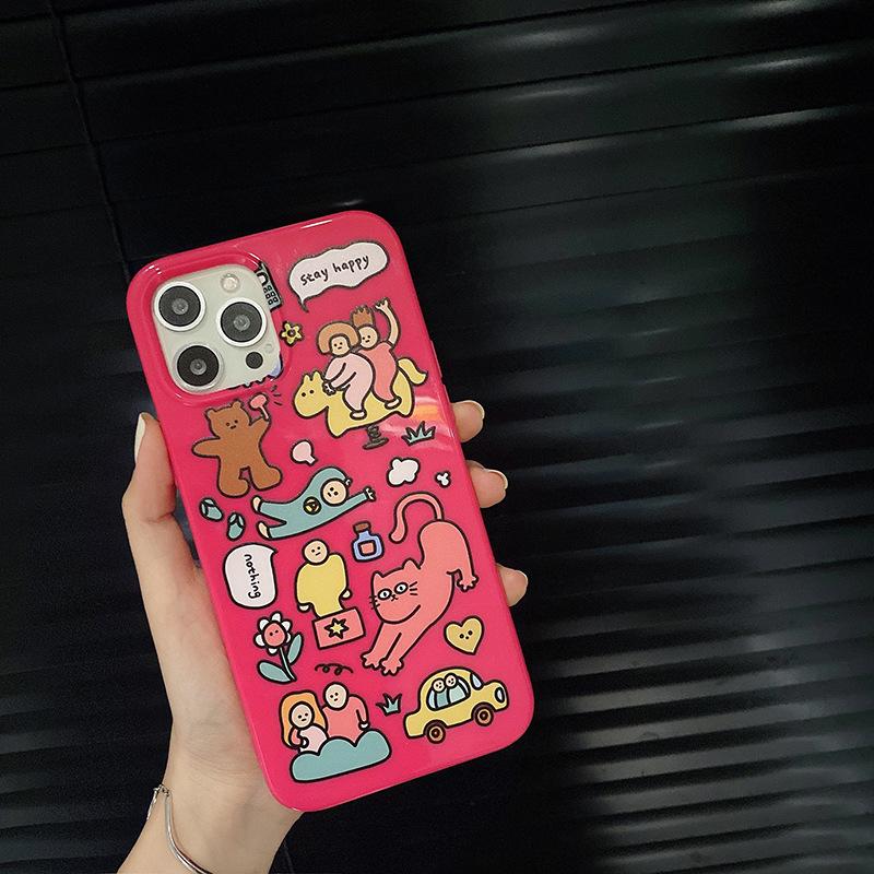 Funny Pink Cartoon Graffiti Animals Telefonveske For Iphone 11 13 12 14 Pro Max Xs Xr X 8 7 Plus Se 12 13 Mini Soft Cover Bumper