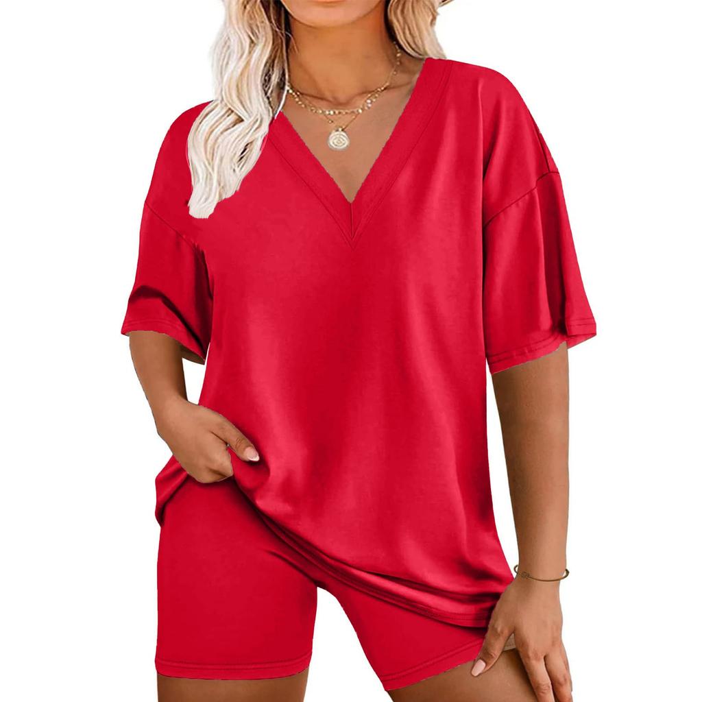 Women's Loose Fashion Solid Color Split V-Neck Short Sleeve Top Shorts Two Piece Set