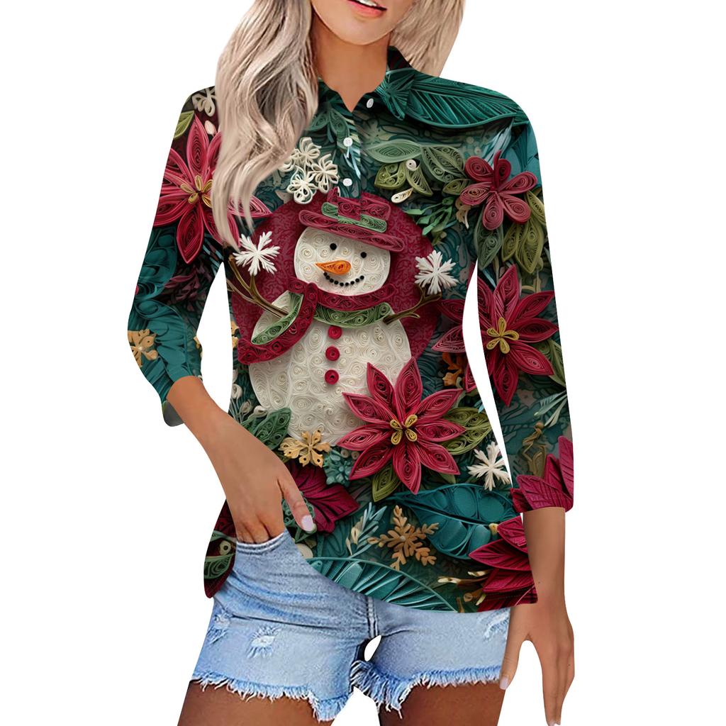 Women's Fashion Casual Button 3/4 Sleeve Vintage  Print Lapel Top