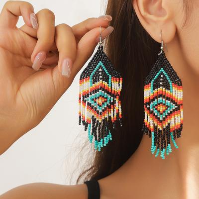 European and American Retro Rice Bead Long Fringed Earrings for Women, Bohemian Hand-woven Earrings